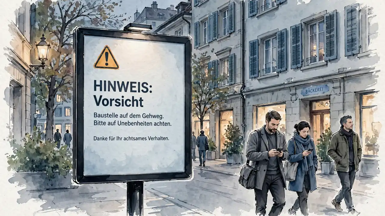 Warnhinweis auf einer Werbetafel in Zürich bei Dämmerlicht.