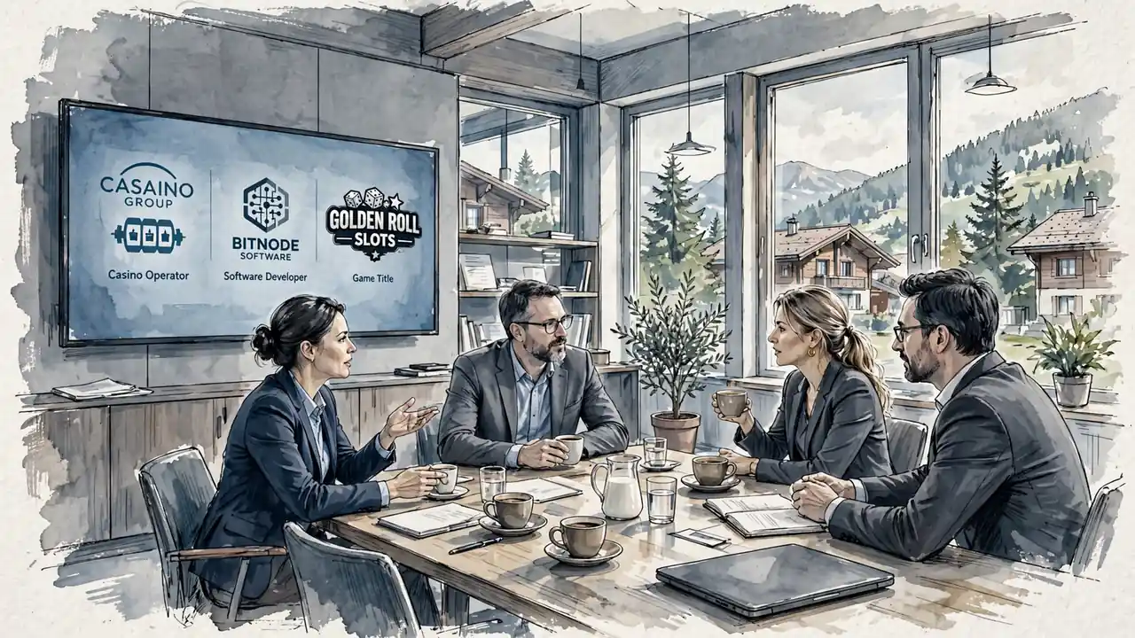 Besprechungsraum mit Bildschirmen und Fachleuten bei Diskussion.